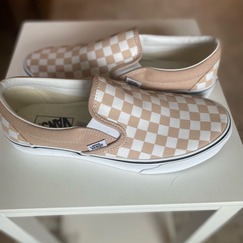 Vans authentic tan checkered slip ons